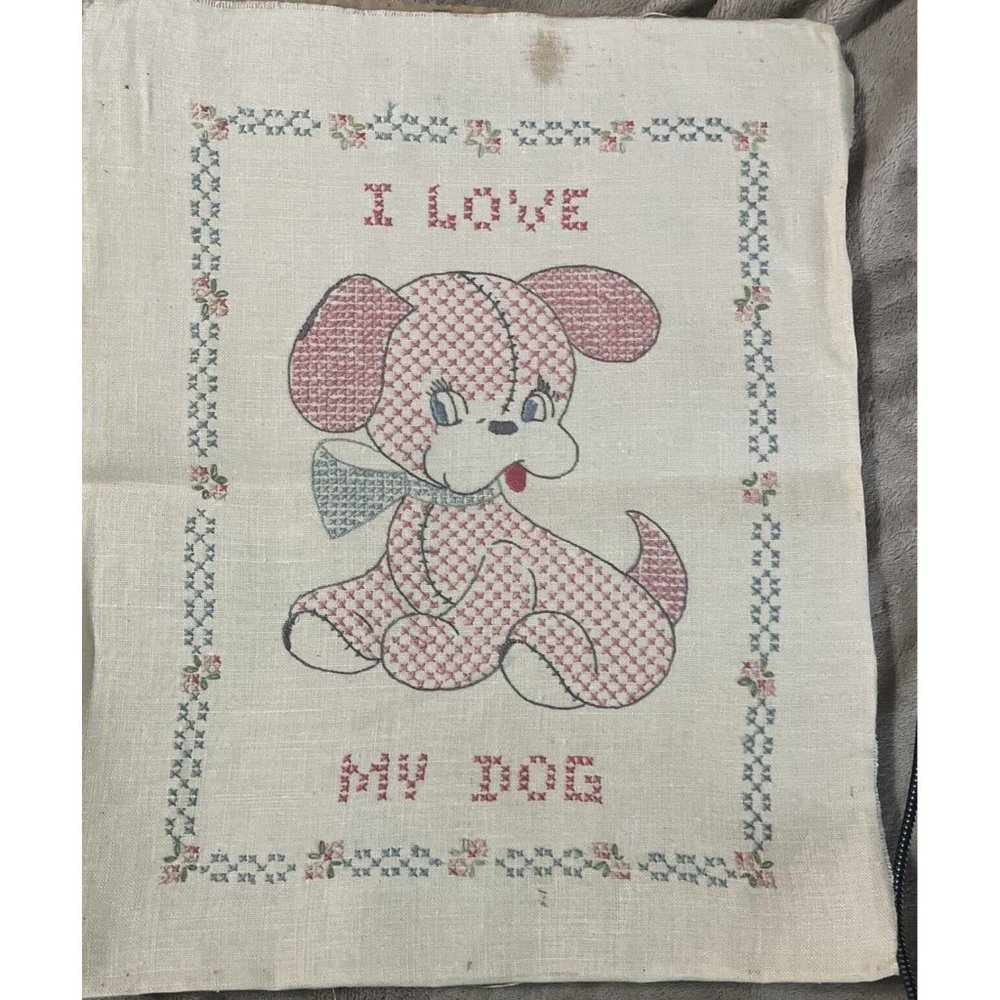 1950s Cross Stitch Cute Dog Embroidery  Retro 13x10 Finished